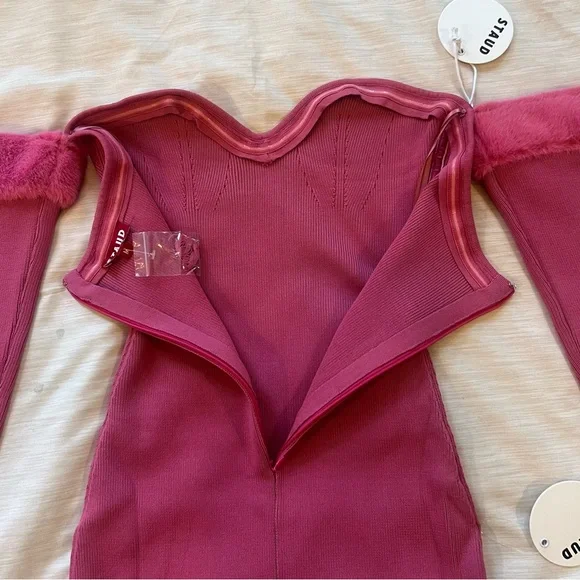 Staud Josee Fur Trimmed Long Sleeve Pink Mini Dress , NEW - Picture 7 of 16